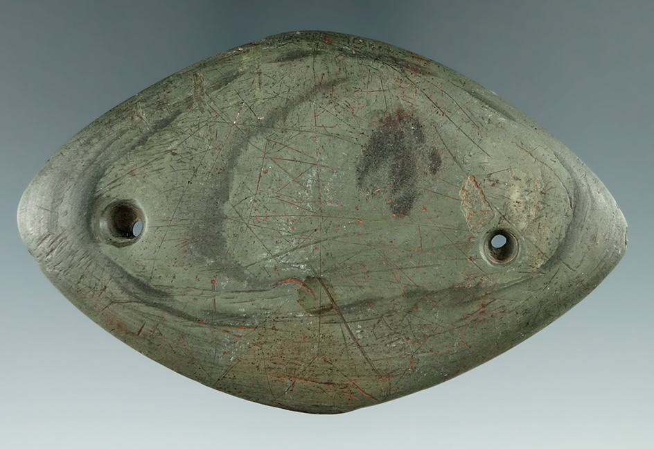 3 13/16" Glacial Kame Elliptical Gorget - Banded Slate, found in Licking Co., Ohio. Bennett COA.