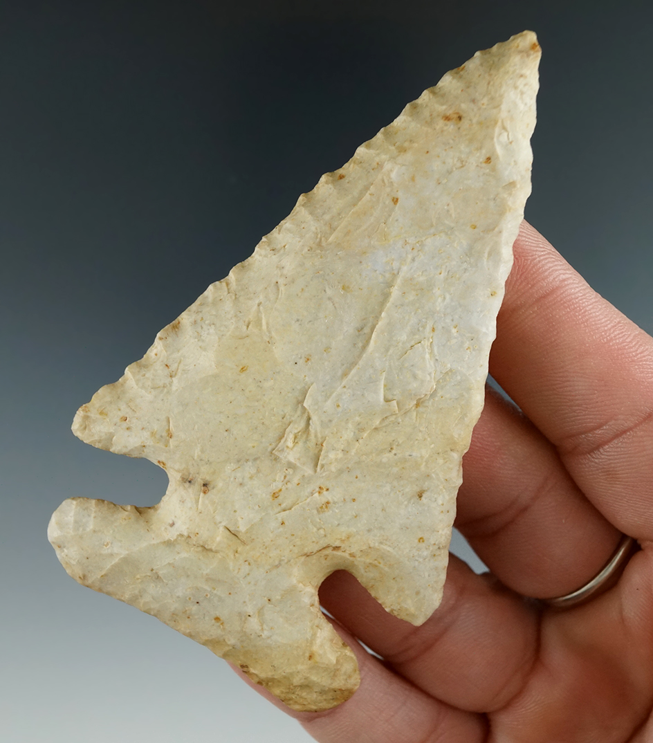 3 1/4" Thebes made from Burlington chert, found in Greene Co., Illinois. Comes with a COA.