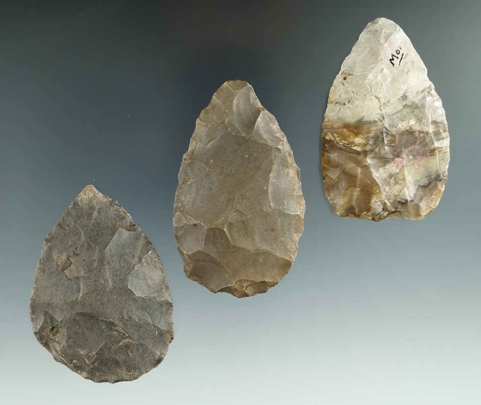 Set of three Flint Blades found in Illinois and Missouri, largest is 2 13/16".
