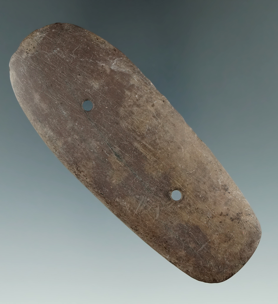 3 7/16" Glacial Kame Slate Gorget found in Stark Co., Ohio. Ex. Jim Johnston Collections.