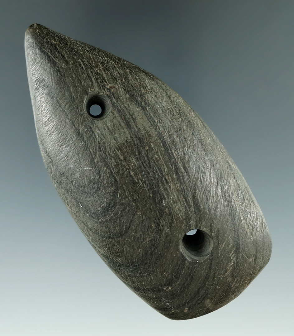 3 9/16" Glacial Kame Sandal Sole Gorget made from Banded Slate, found in Seneca Co., Ohio