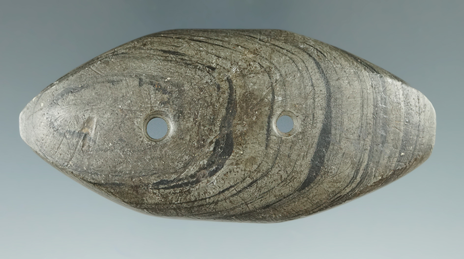 Unique style! 3 1/8" six-sided Adena Gorget made from nicely banded glacial slate found in Ohio.