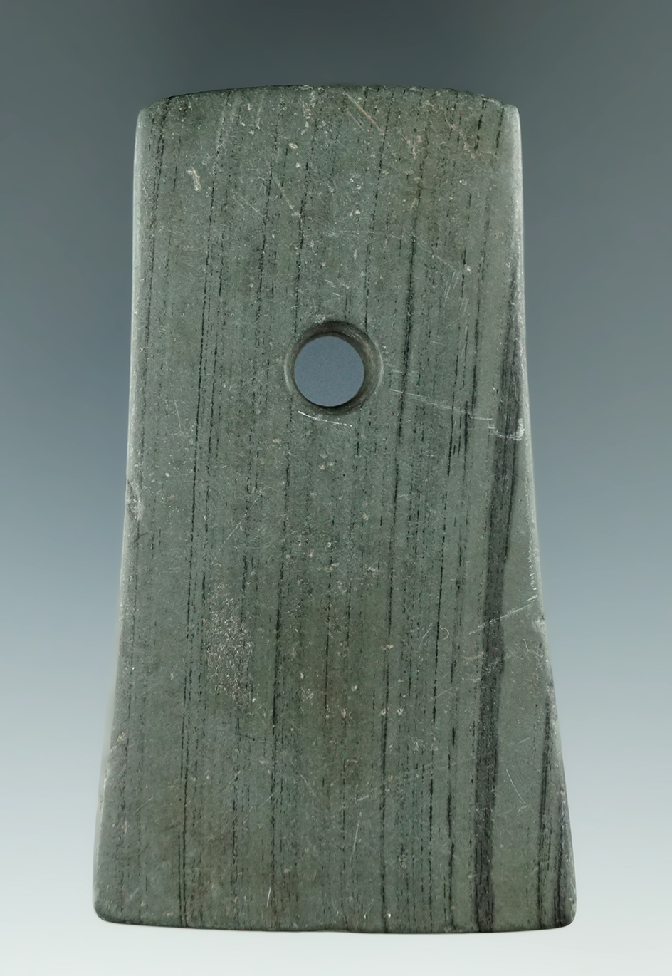 3 1/16" Adena Bell Pendant found in Jonson Twp., Champaigne Co., Ohio. Ex. Dr. Gordon Meuser