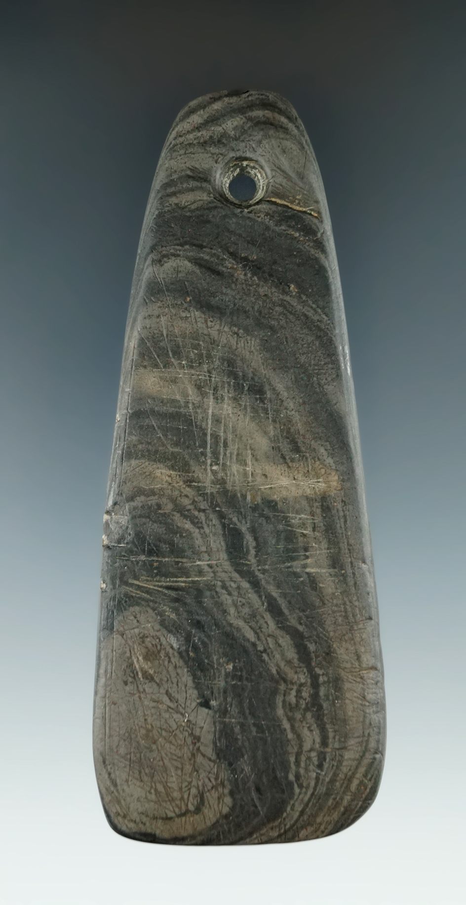 4 3/8" highly patinated Trapezoidal Pendant found in Columbiana Co., Ohio. Great finish.