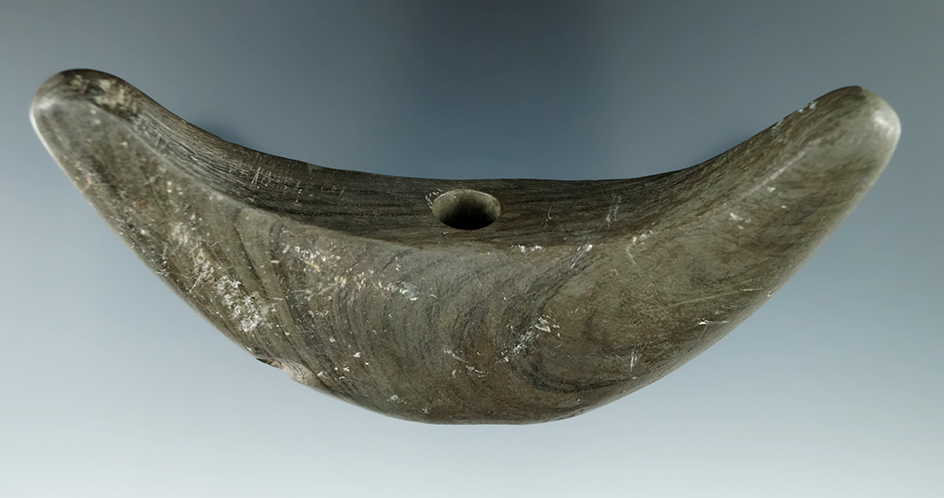 4 7/8" Banded Slate Crescent Bannerstone - one half professionally restored. Wayne Co., Ohio.