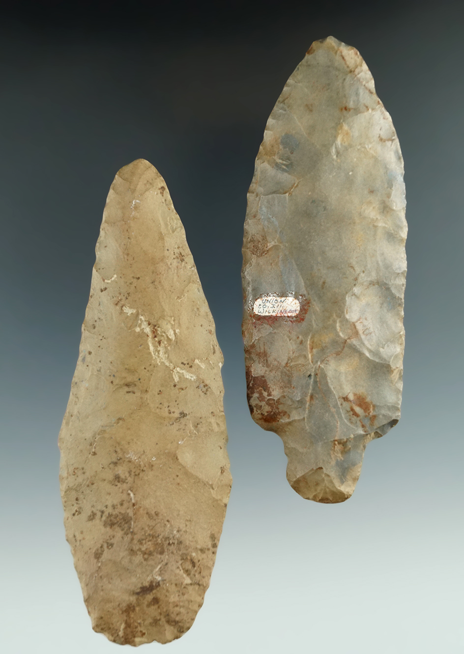 Pair of Flint Knives found in Union in Crawford Co.,  Illinois. Largest is 4 11/16".
