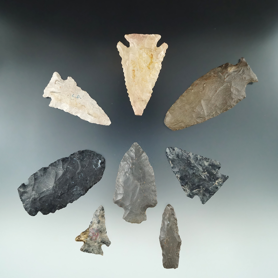 Group of eight assorted Midwestern slate artifacts, some are damaged. Largest is 3".