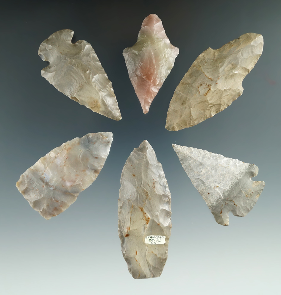 Set of six assorted Illinois arrowheads, largest is 2 9/16".