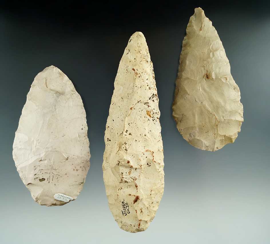 Set of three Flint Blades found in Illinois, largest is 5 5/8".