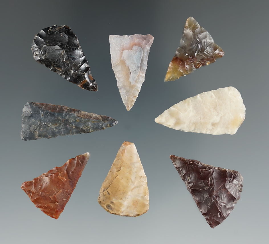 Group of eight nicely flaked triangle and leaf points found near Vantage Washington, Columbia River.