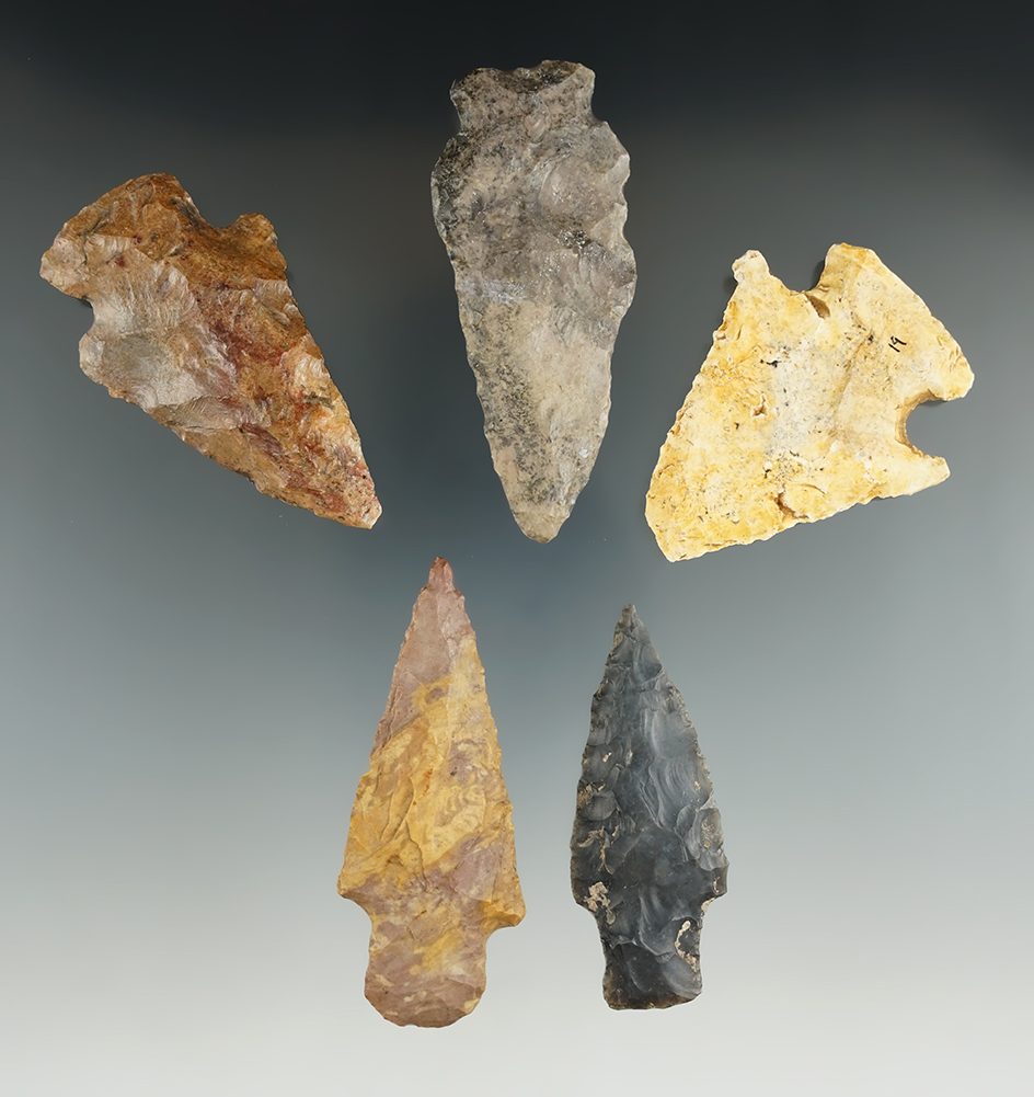 Set of five assorted Missouri arrowheads, largest is 3 1/16".