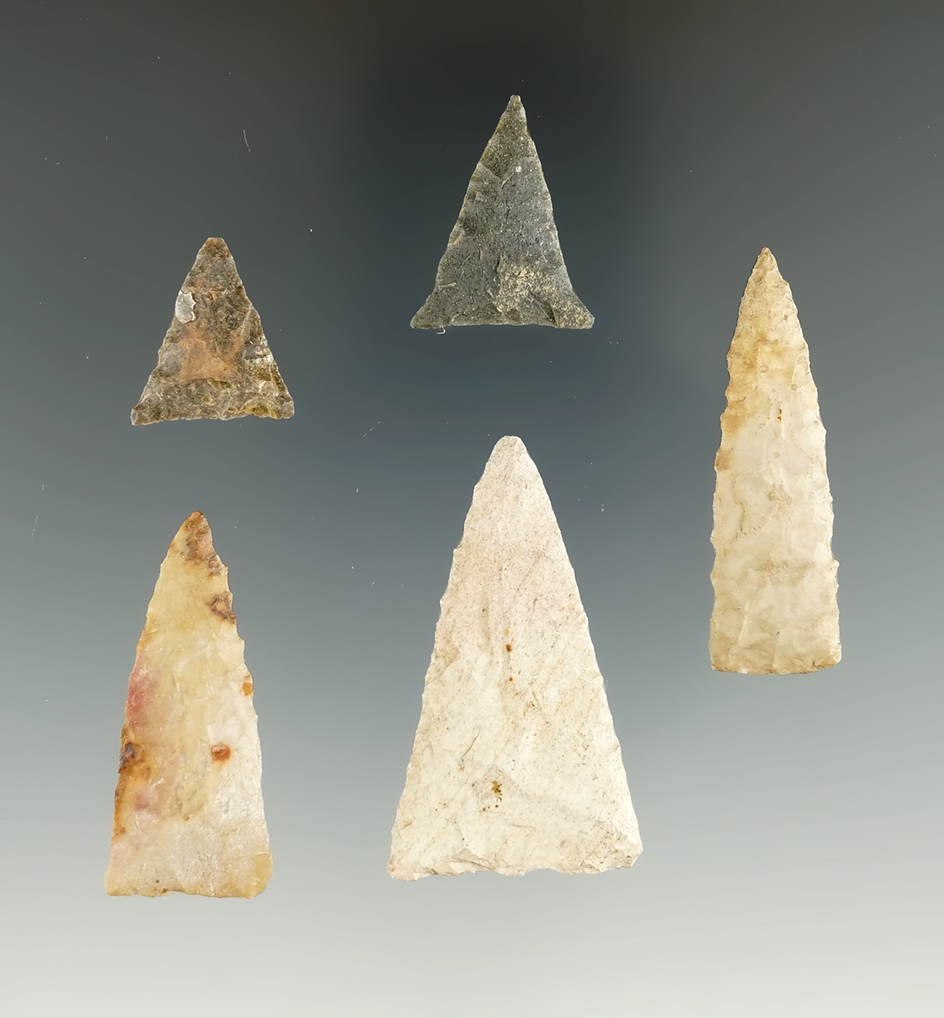 Nice set of five triangle points found in Indiana, largest is 1 11/16".