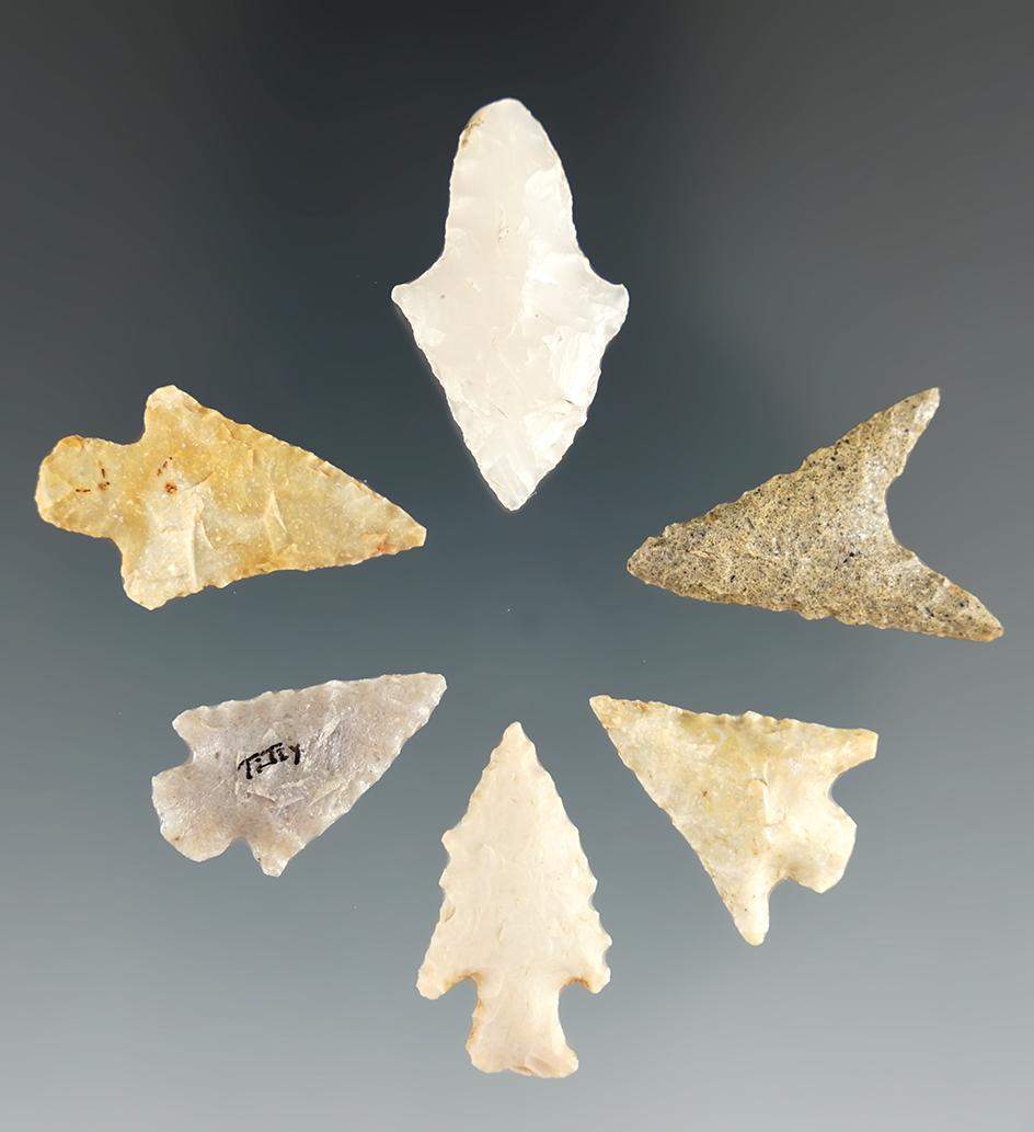 Group of six well-made arrowheads found in East Texas, largest is 1 1/16".