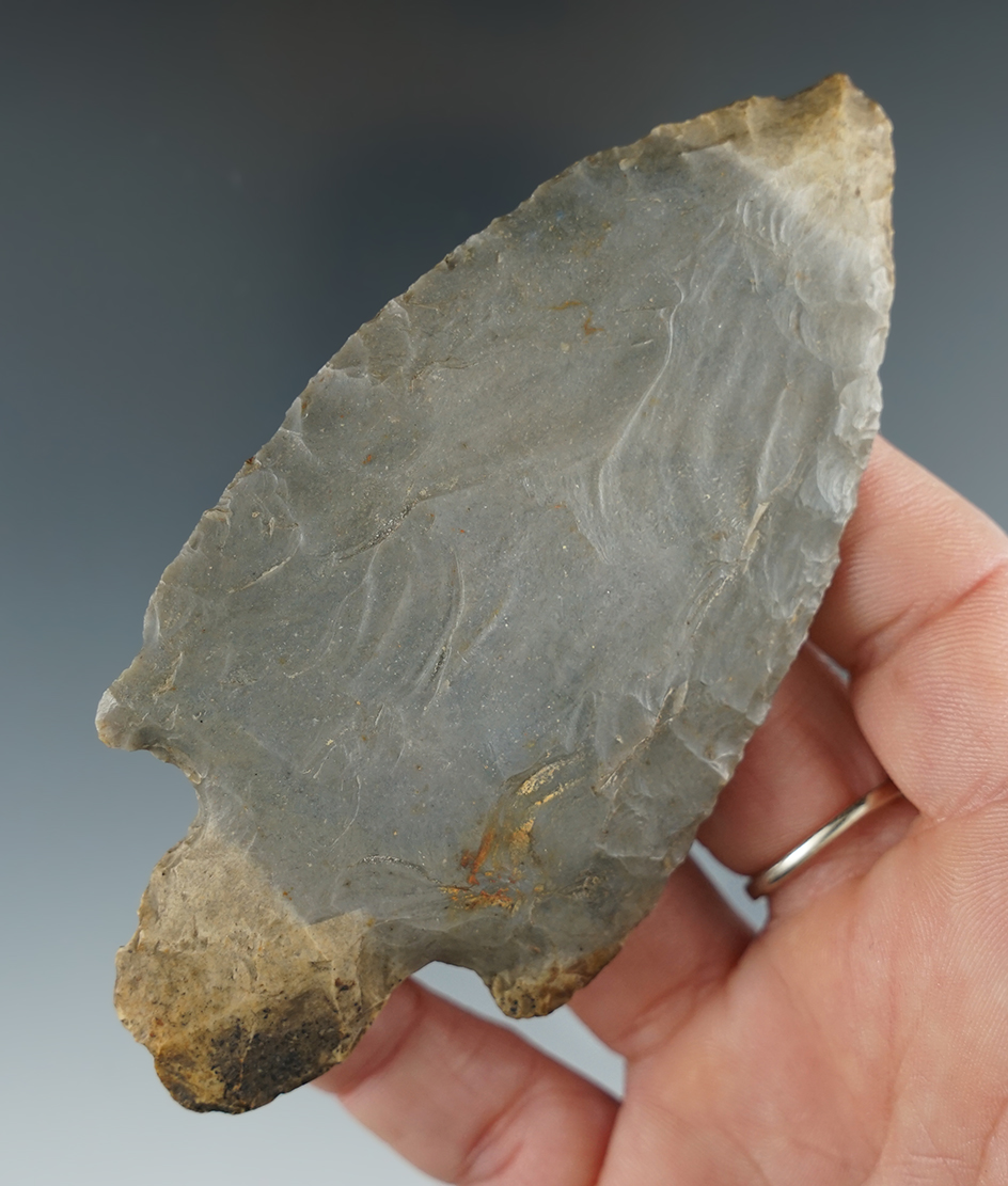 , 4 1/8" heavily patinated hornstone Adena found in Indiana.