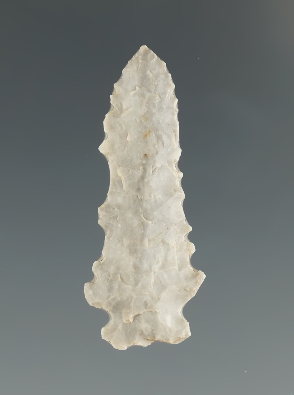 Heavily serrated 1 1/8" bird point found on the Philips farm in Smith Co.,Texas.