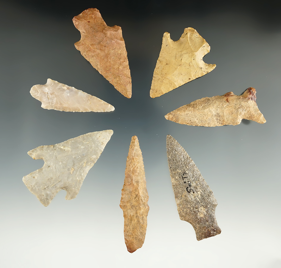 Set of seven assorted arrowheads found in East Texas, largest is 2 5/8".