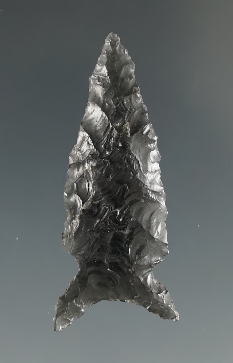 Excellent flaking and style on this 1 7/16" Obsidian fishtail point found near the Columbia River.