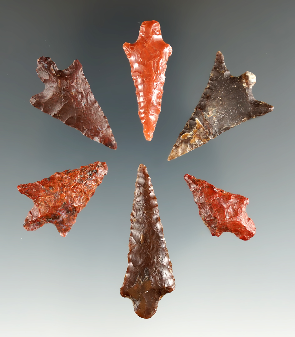 Group of six Wallula points found near the Columbia River, Priest Rapids, Washington.
