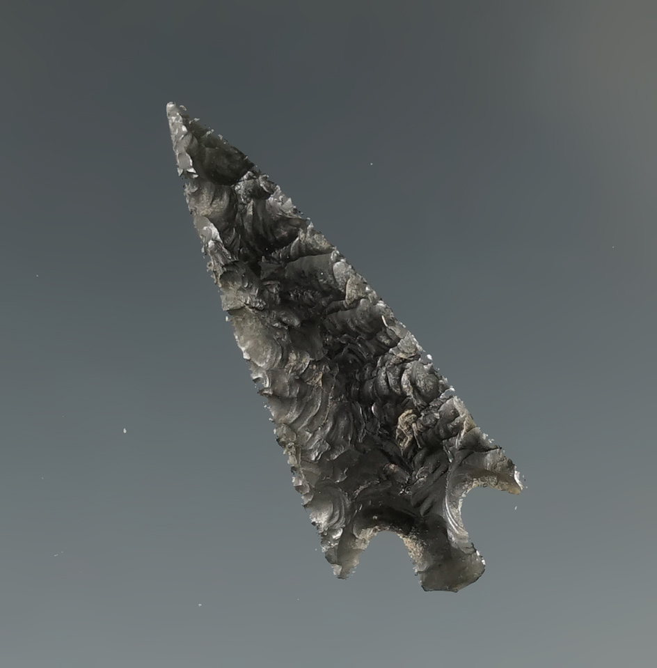 1 3/16" well styled and nicely flaked obsidian arrowhead  found near the Columbia River.