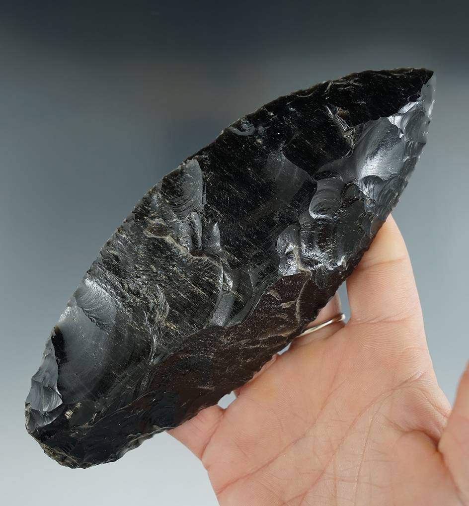 Large and nice! 6 3/8" Paleo Uniface Knife made from  obsidian found near Lapine, Oregon.
