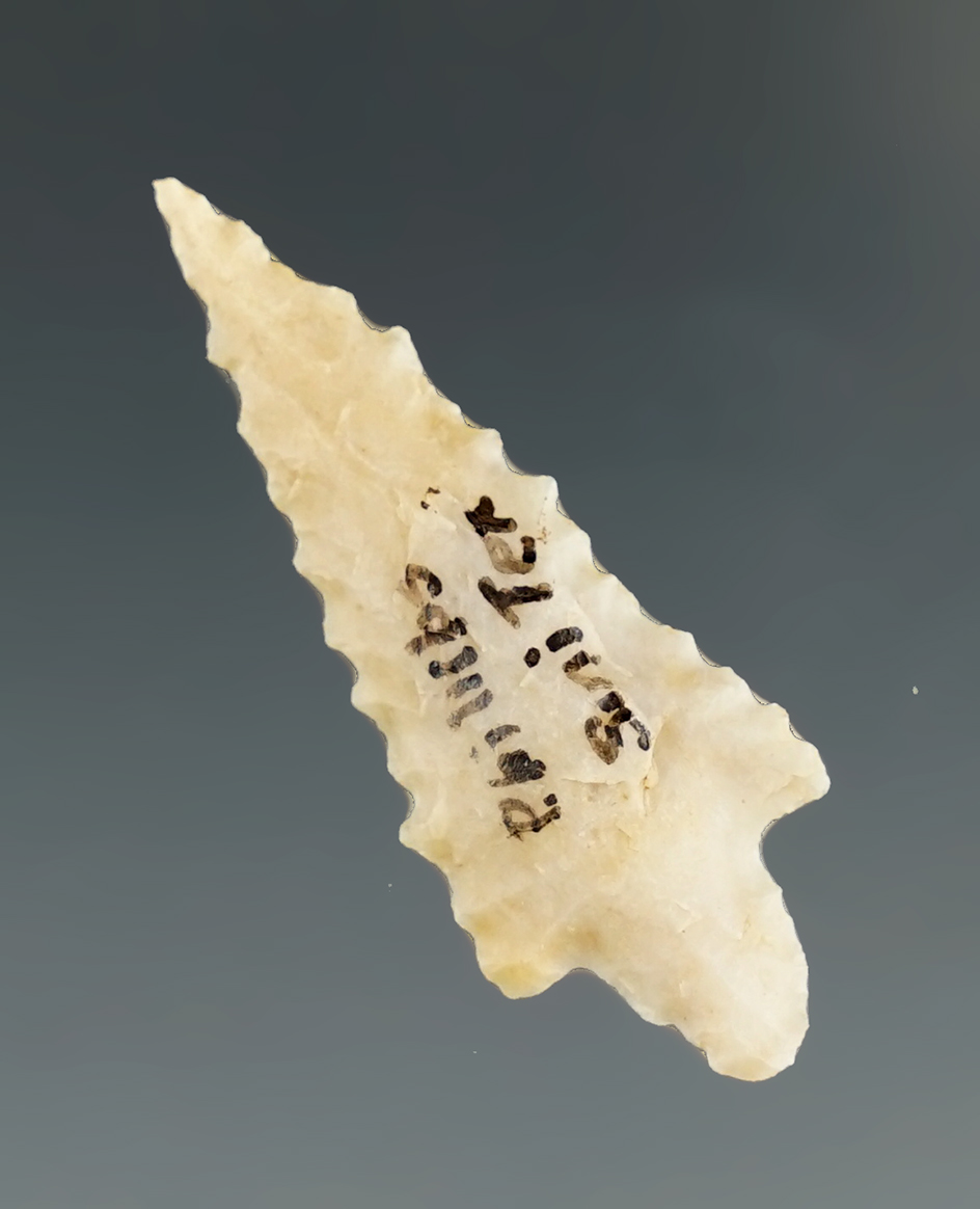 1 5/16" nicely serrated stemmed bird point found on the Philips farm in Smith Co.,Texas.