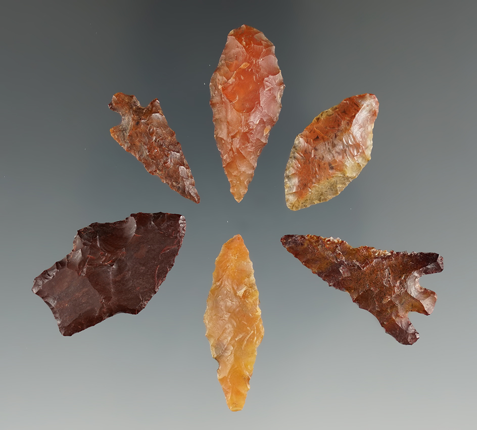 Group of six assorted Columbia River Gem points from the collection of Jim Hogue.