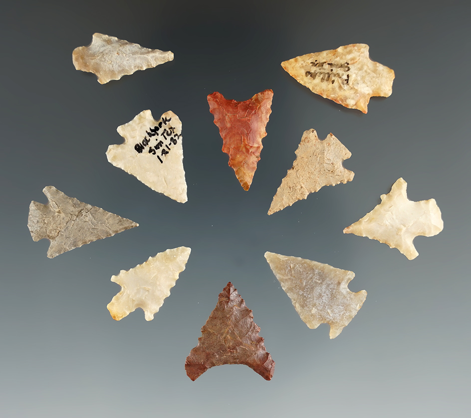 Set of 10 bird points found in Eastern Texas. Largest is 7/8".