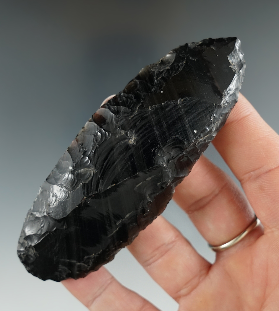 3 15/16" obsidian Desert Knife found by Lynn Woodcock in the Desert area of Oregon. Ex. Jim Hogue