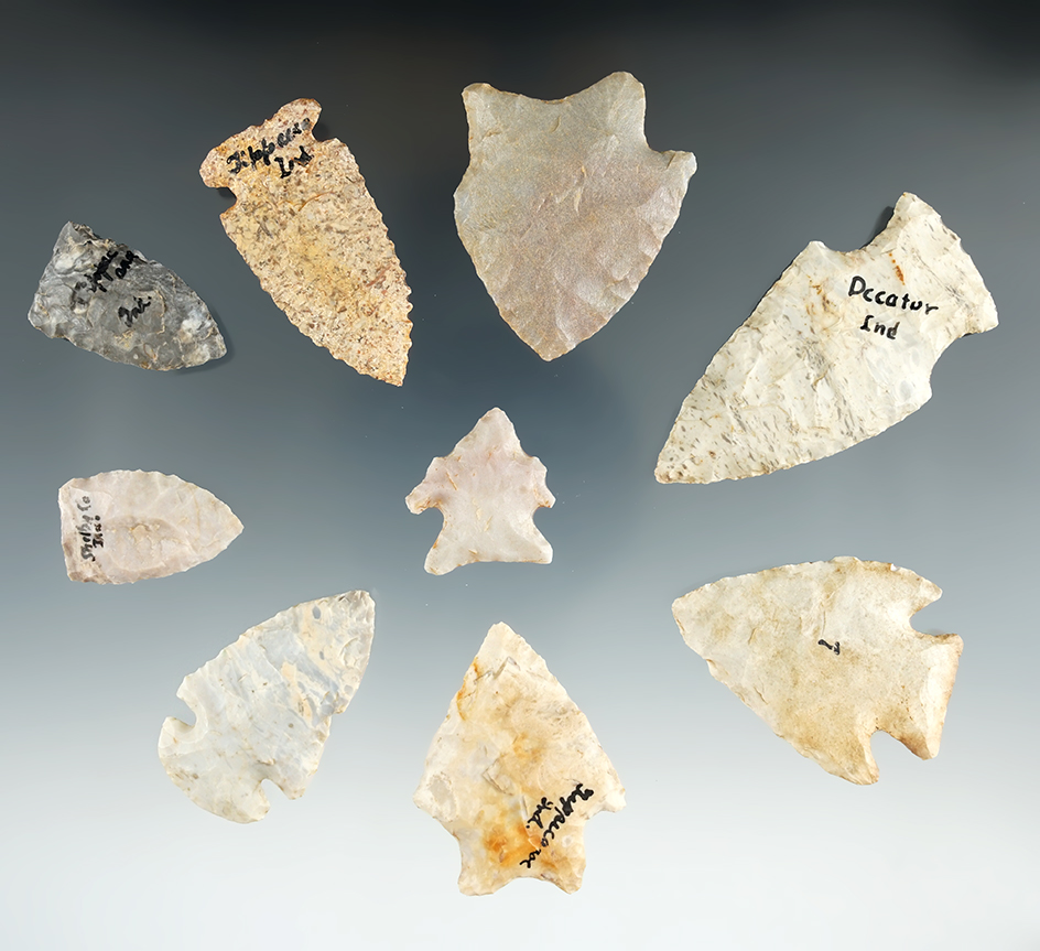Group of nine nice arrowheads found in Indiana, largest is 2 1/2".