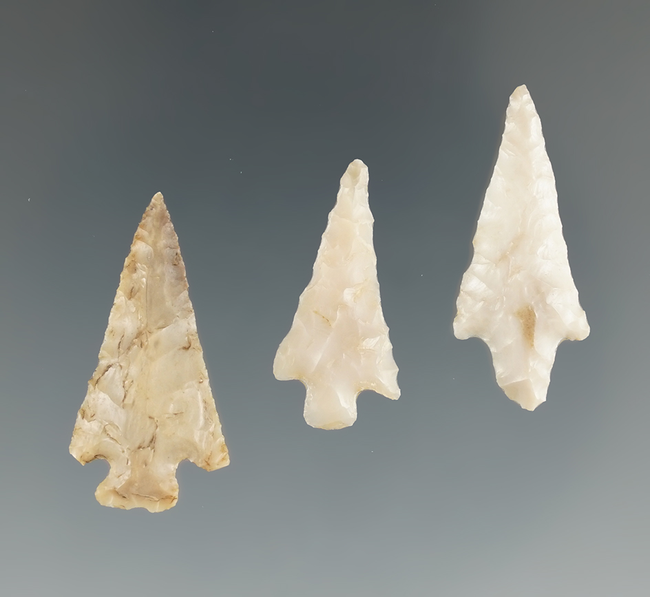 Three nice Columbia River Gem points, largest is 1 1/8". From the collection of Jim Hogue.