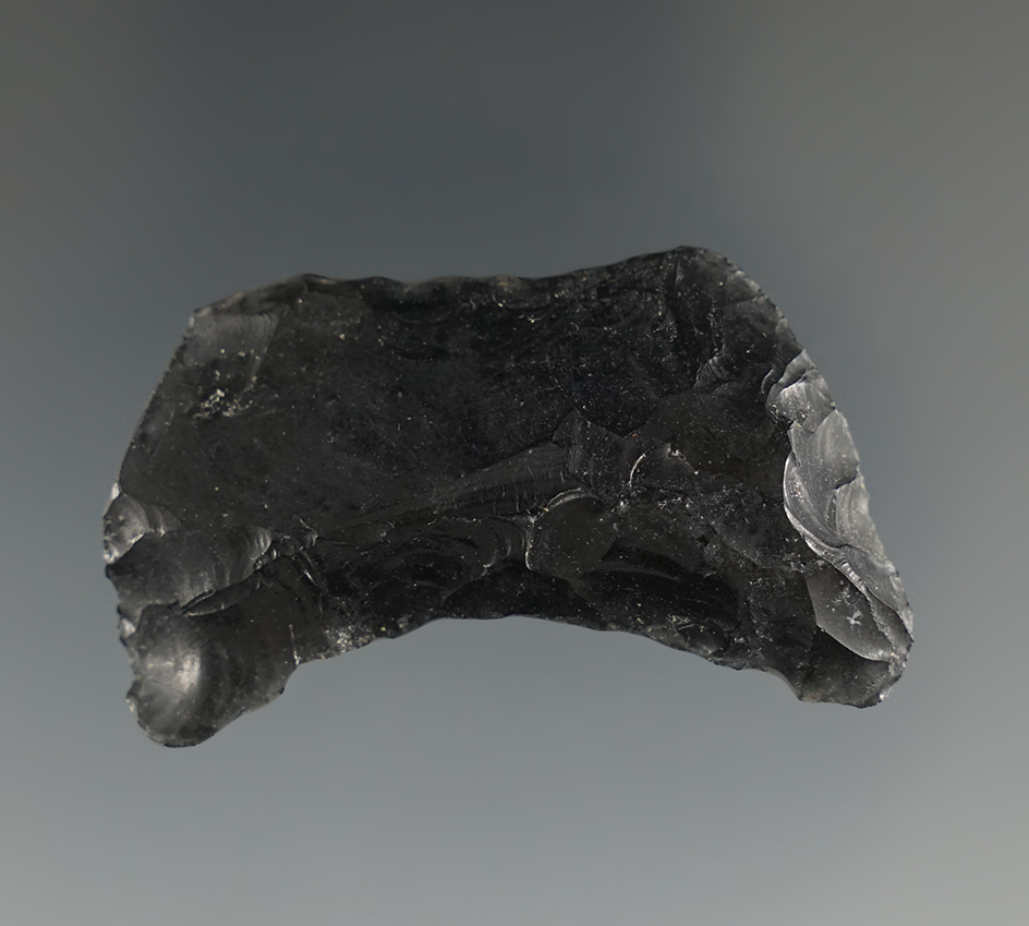 Nice! 1 3/4" Paleo Butterfly Crescent made from obsidian found in southeast Oregon. Ex. Jim Hogue