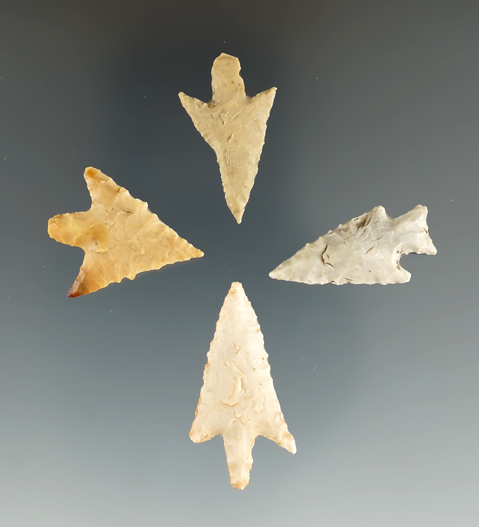 Set of four very well-made stemmed arrowheads found in East Texas, largest is 1 1/4".