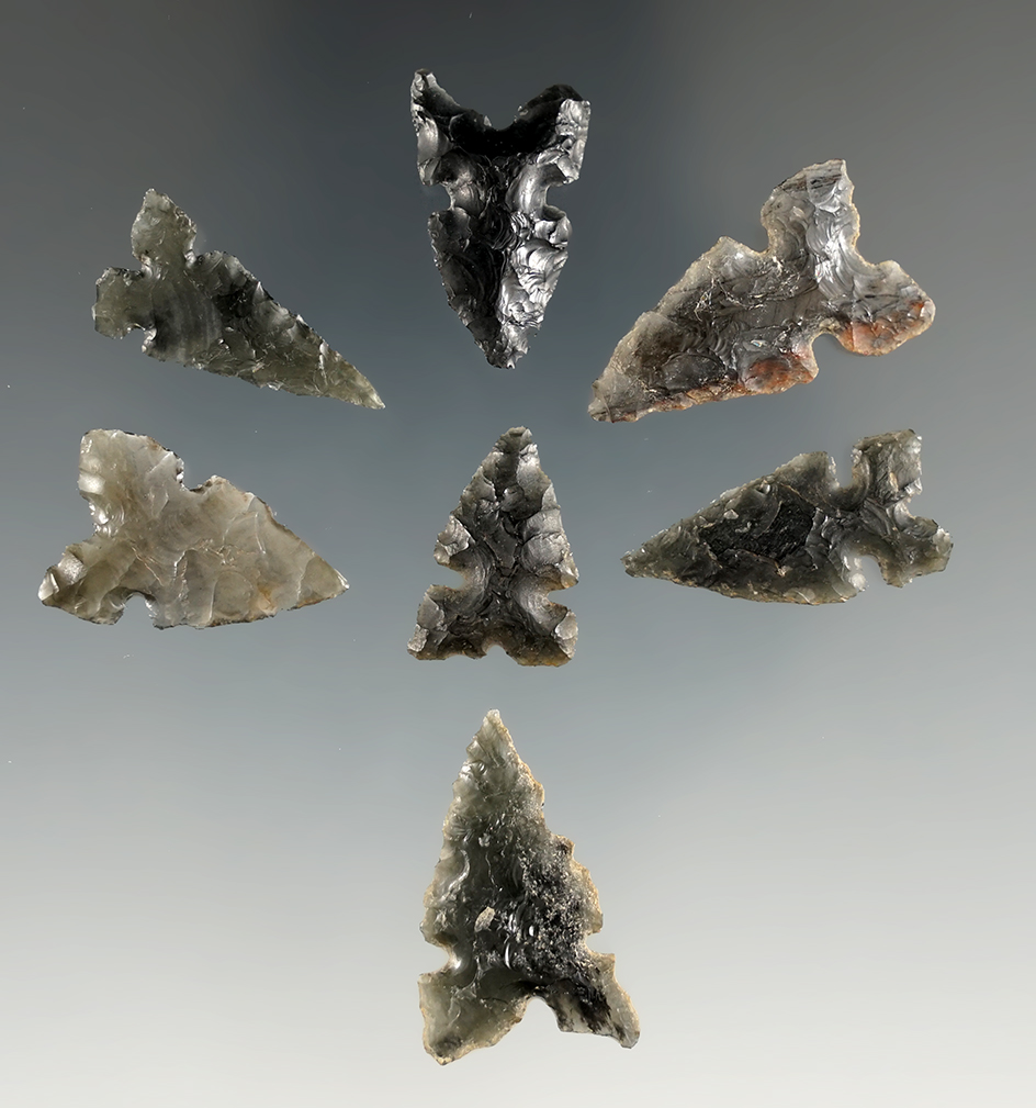 Set of seven Sidenotch points found in Oregon, largest is 1".