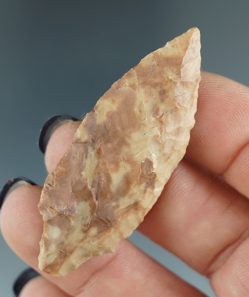 2 1/16" stemmed point made from beautiful material found near the Columbia River. Ex. Jim Hogue.