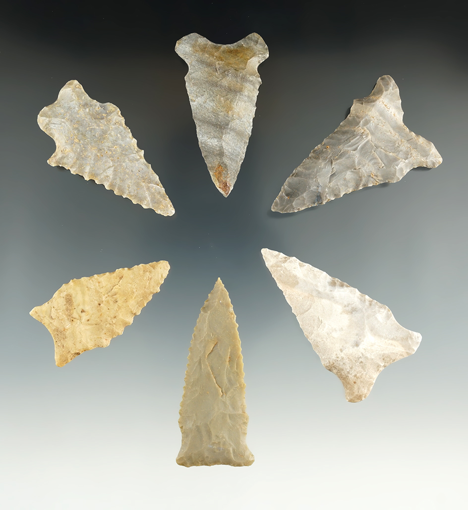 Group of six Archaic points found in Kentucky in nice condition, largest is 2 5/16".