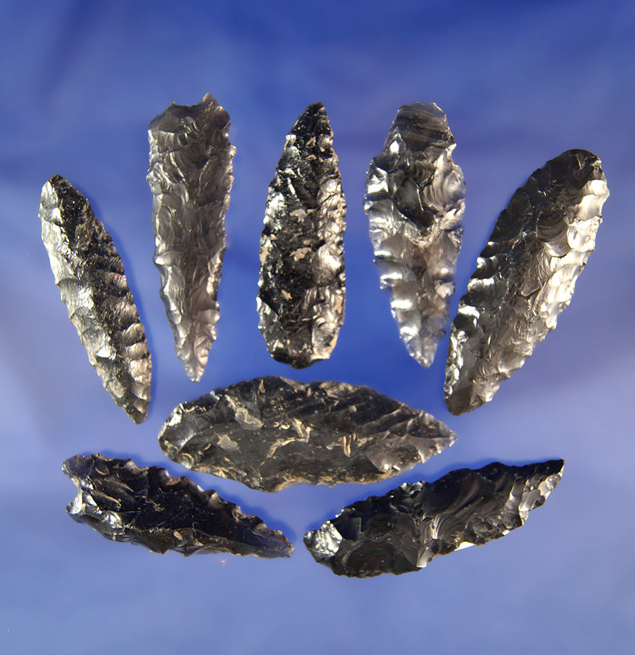 Set of eight assorted Obsidian arrowheads found in Oregon, largest is 2".