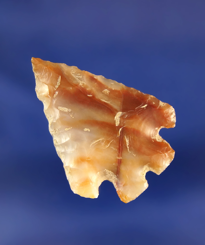 1 3/8" multicolored agate split base arrow point with uniquely styled base. Columbia River.