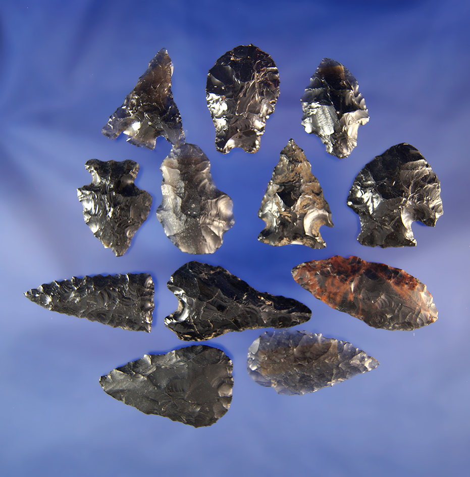 Set of 12 Obsidian arrowheads found in Oregon, largest is 1 3/4".