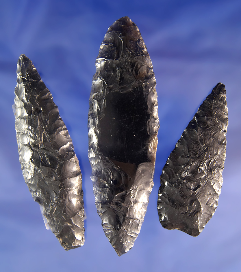 Set of three nice Obsidian Knives, largest is 3 7/8".