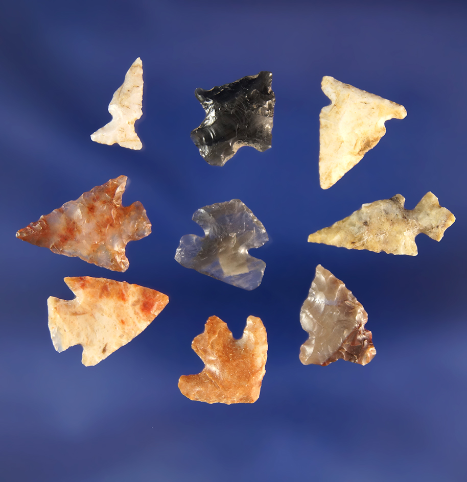 Group of nine assorted small arrowheads and Gempoints found near the Columbia River.