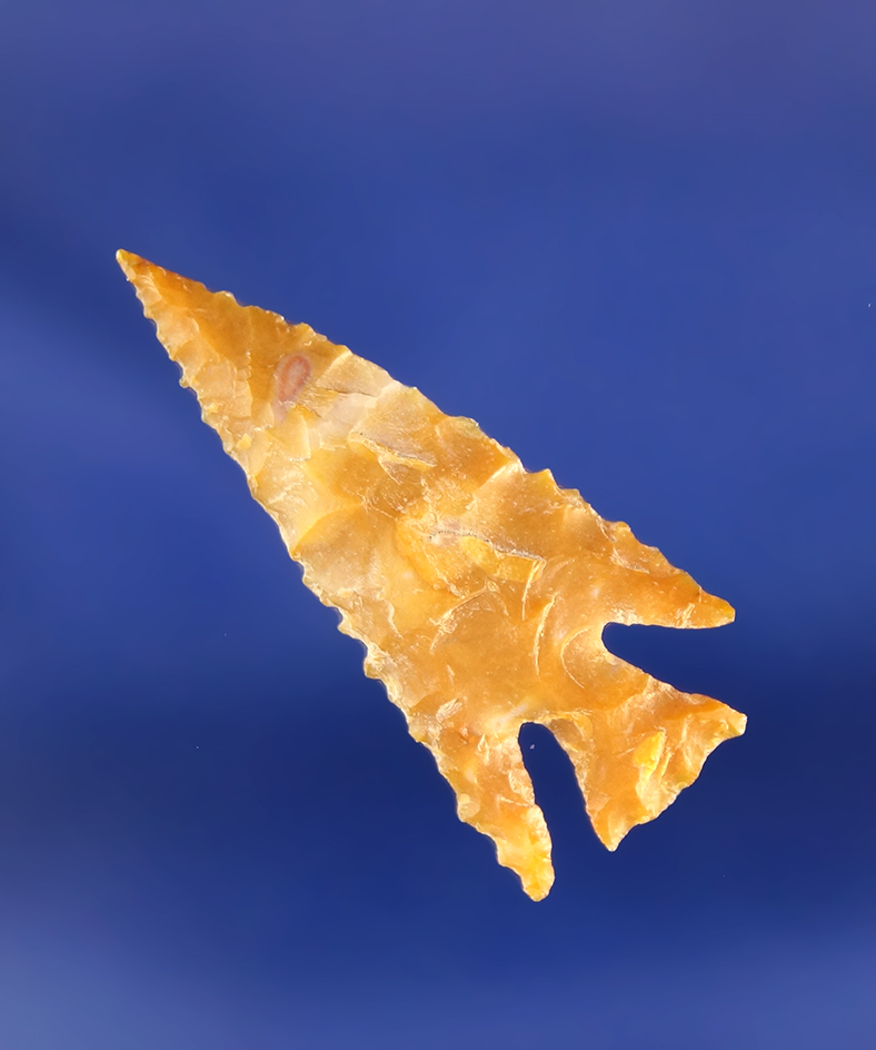 Excellent flaking, style and edges serrations on this 1 3/16" Southwestern Cornernotch Birdpoint.