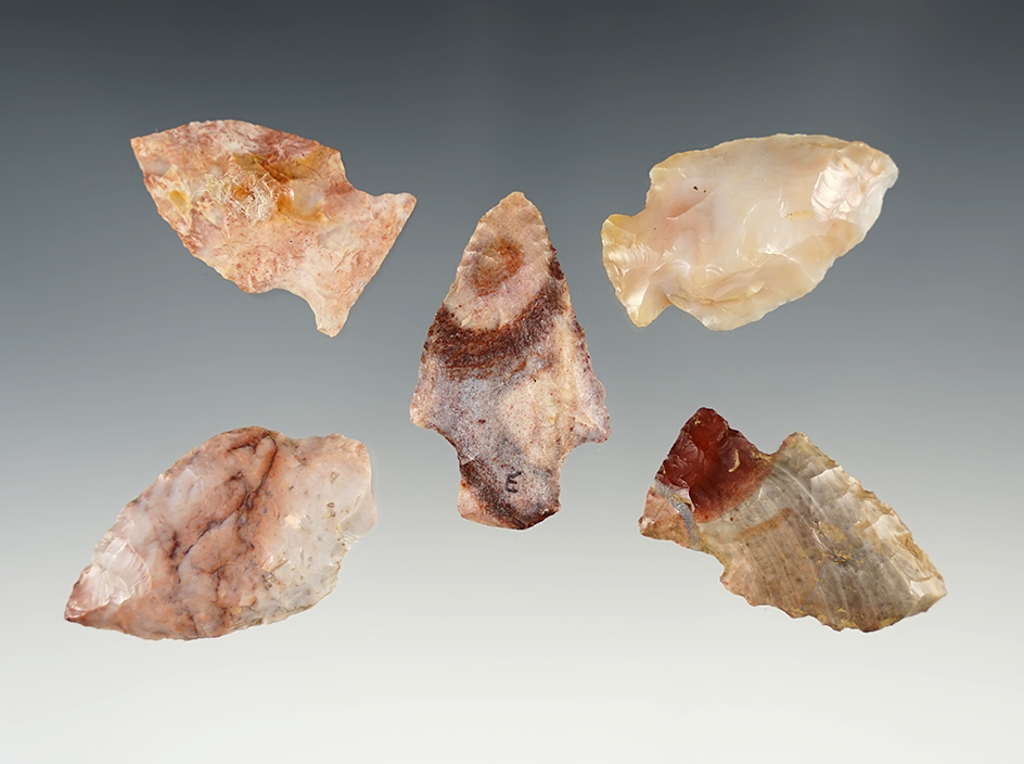 Set of 5 Ohio points - colorful Flint Ridge flint.