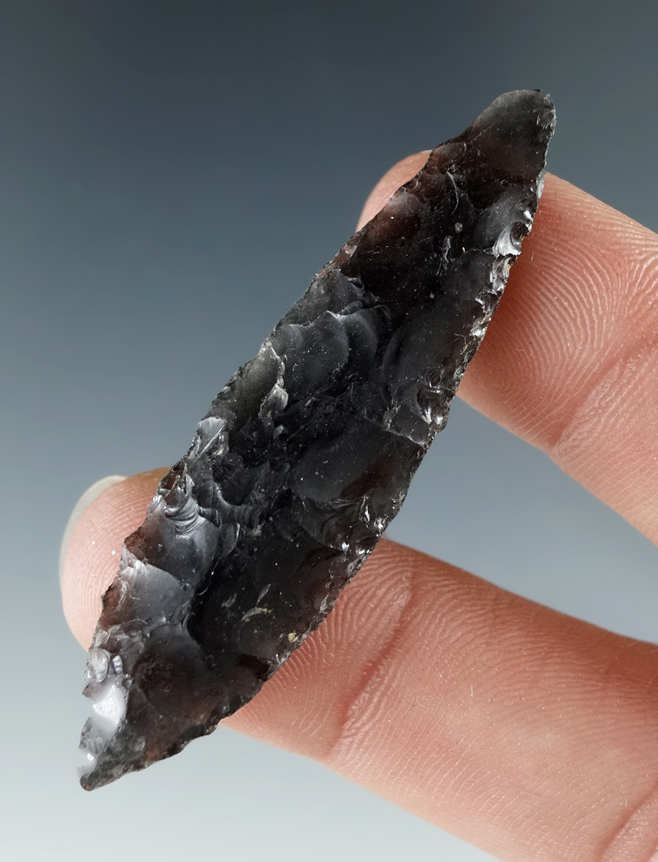 Rare! Excellent grinding to the lower edges on this 2 1/8" Paleo Haskett -southern Oregon.