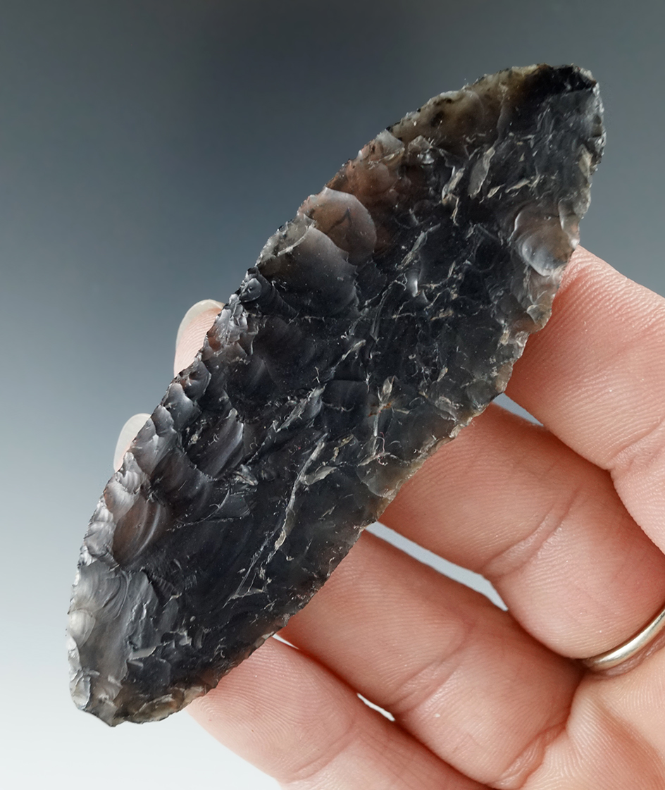 3 3/16" Columbia River Knife that is heavily patinated made from attractive dendritic moss agate.