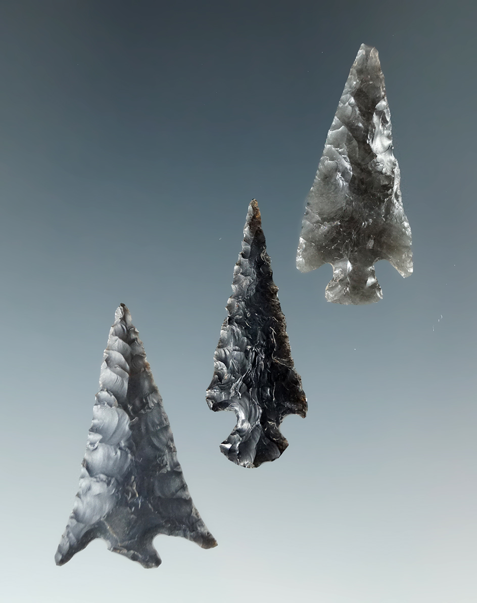 Set of three nicely flaked obsidian arrowheads found in Oregon, largest is 1 3/16".