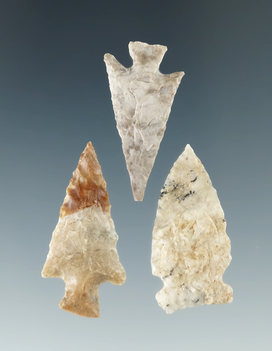 Set of three Columbia River arrowheads, largest is 1 1/4".