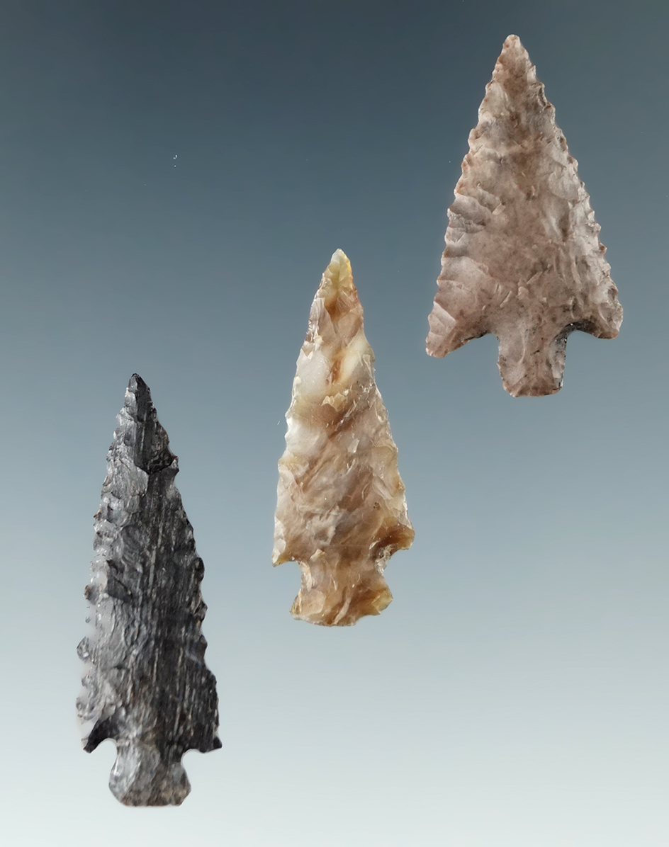 Set of three Columbia River arrowheads in nice condition, largest is 1 3/16".