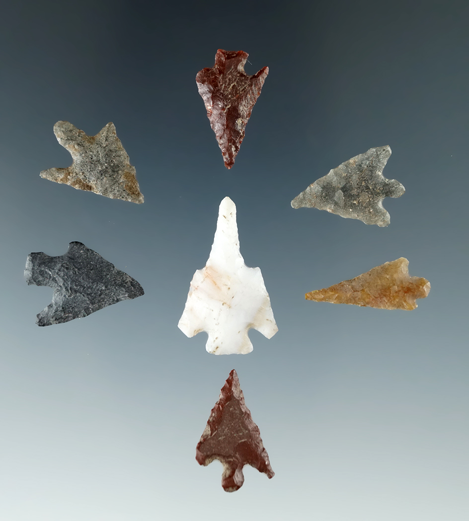 Set of six assorted Columbia River arrowheads, one is a salvaged perforator that is 15/16" long.