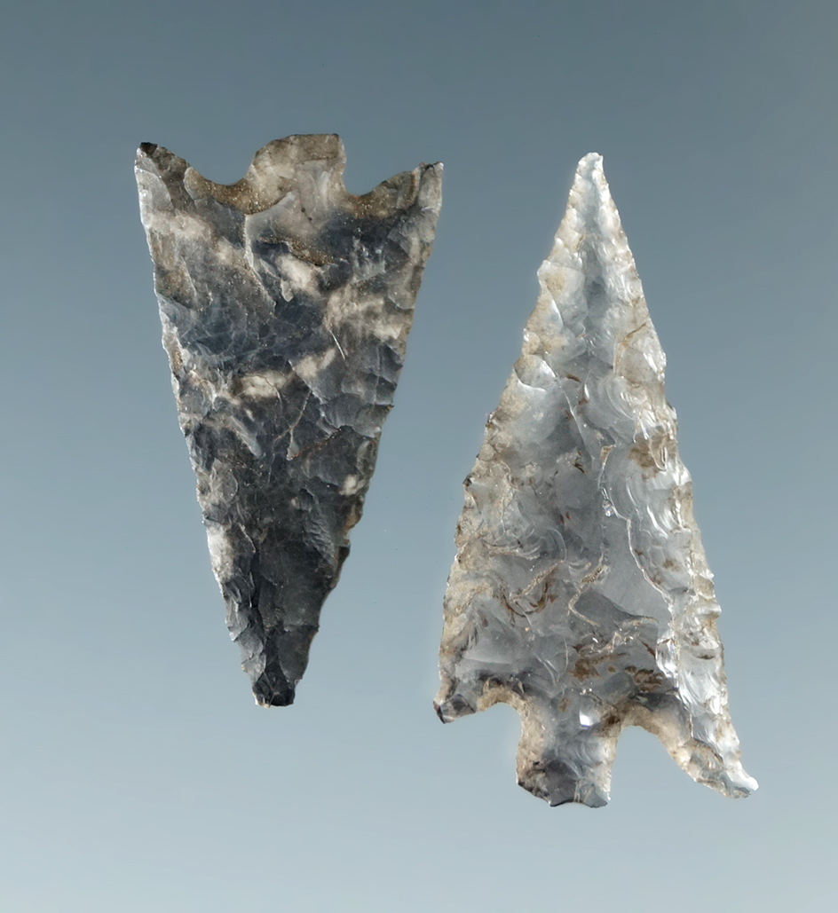 Pair of nicely flaked Columbia River arrowheads, largest is 7/8". One is highly translucent obsidian