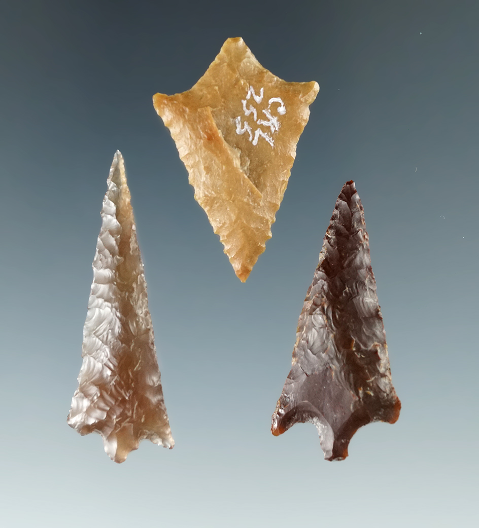 Set of three Columbia River arrowheads, largest is 1 3/8".